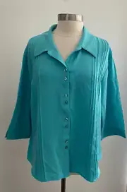 Susan Graver Style Aqua Button Front Collared 3/4 Sleeve Top Plus Size 1X New