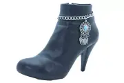 Women Silver Metal Chain Boot Bracelet Antique Shoe Feather Charm Turquoise Blue