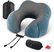 Emgthe Travel Pillow 100% Memory Foam Pillow, Neck Pillow for Airplane, Neck & Head Support Pillow for Sleeping Rest & Car, Travel Pillows Kit with Storage Bag, Sleep Mask and Earplugs Blue