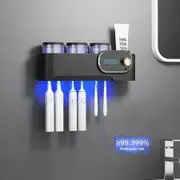 Toothbrush Holder Wall Mounted for Bathroom Automatic Toothpaste Dispenser Kit with 3 Cups Kids & Family Set Toothbrush Holders Storage Rack-Black