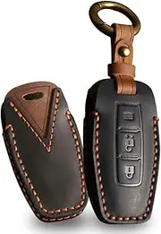 ontto Car Key Fob Cover Case Leather Key Holder Keyring Keychain Accessories Decorative Protector 3 Buttons Black A for Mitsubishi Outlander 2022 2023