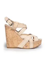 Ecru Leather Wide Stitch Cork Wedge Sandals