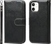 Cavor for iPhone 12 Mini Wallet Case for Women Flip Folio Kickstand PU Leather Case with Card Holder Wristlet Hand Strap Stand Protective Cover for iPhone12mini 5.4'' Phone Cases-Black