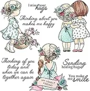 Lovely Girls Best Friends and Flowers Dies and Stamp Sets for Card Making DIY Scrapbooking Sending Healing Hugs,You Make me Smile Words Stamps for Paper Crafting Metal Cutting Dies Punch Template
