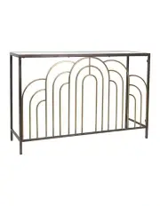 [Willow & Silk] Arc Designer Metal Console Table with Mirror Top in Distressed Gold/Bronze