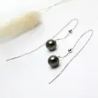 8MM Round Tahitian Saltwater Pearl Long Earrings 18K White Gold Threader 4.0"
