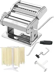 Pasta Maker Machine, Set of 6 Piece 150mm Steel Noodle Maker Machine with 9 Adjustable Thickness Settings, Includes Ravioli Maker Attachment, Pasta Drying Rack (MZ-150PST)