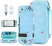 FUNDIARY Skiing of Sam Penguin Carrying Case for Nintendo Switch, Blue Travel Storage Bag Accessories for Switch Console with Soft TPU Protective Cover, Screen Protector, Shoulder Strap & 2 Thumb Caps