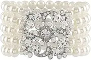 [Generic] Vintage Pearl Bracelet Multi-layered Floral Pearl Crystal Elastic Bangle Bridal Wedding Jewelry Flapper Prom Party Costume Accessories for Women