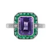 Art Deco Style Emerald Amethyst Lab Created Diamond Ring 14K White Gold FN Ring