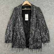 Zara Blazer Womens Small Grey Sequin Fringed Black Open Collar Jacket NEW