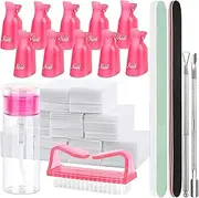 Uandhome Nail Polish Gel Remover Tools Kit, 10 Pcs Pink Nail Clips, 150ml Nail Polish Remover Bottle, 500 Pcs Remover Cotton Pad, Nail Brush, Cuticle Pusher, Cuticle Peeler, Nail File, Buffer Block