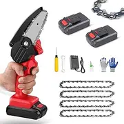 Mini Chainsaw Battery Powered Cordless Handheld 4-Inch Electric Portable Chain Saw with 4 Chain and Splash Board 0.7kg Lightweight Pruning Shears Chainsaw (Color : Electric Chainsaw Red)