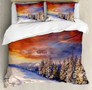 Winter King Size Duvet Cover Set Mountains Pine Trees with 2 Pillow Shams