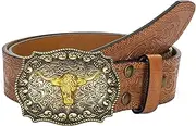 [FGSS] Western-Cowboy Leather-Belts for Women-Men - Longhorn-Bull-Buckle Embossed Belt for Jeans Cowgirl Floral Engraved Belts