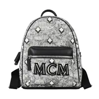 在飛比找momo購物網優惠-【MCM】MCM經典針織字母LOGO提花布牛皮飾邊拉鍊後背包