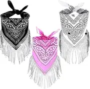 [ASIJUNTYECHO] 3Pcs Fringe Bandana Disco Cowgirl Bachelorette Bandana Last Disco Party Paisley Bandanas Rhinestone Fringe Bandanas Scarf Disco Outfit Decorations Nashville Party Favors, Black,white,pink, standard