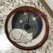Cat on the Moon Incense Burner, Raku Pottery handmade & handsigned - NEW
