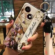 Phone Case Compatible with ZTE Blade A35E, Durable Shockproof Wrist Strap Silicone Protective Flower Anti-Knock Wristband Phone Holder Ring