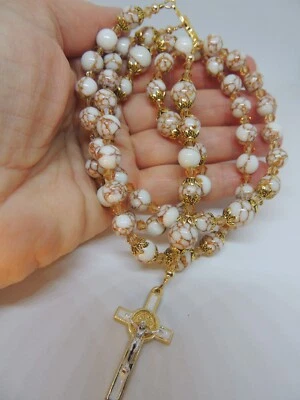 White Spun Golden Howlite Crystal Rosary Beads, Mary Centre, Enamel Crucifix