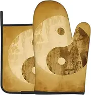 Yin Yang Symbol Oven Mitts and Pot Holders Set Heat Resistant Oven Glove and Potholder Kitchen Microwave Gloves for Baking BBQ Grilling Cooking Oven Mitts