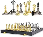 Kvintes Metal Chess Set and Checkers Game 15 inch(2 in 1) Board Games for Adults Kids Pieces & Portable Folding Wooden Travel Sets with Storage Box