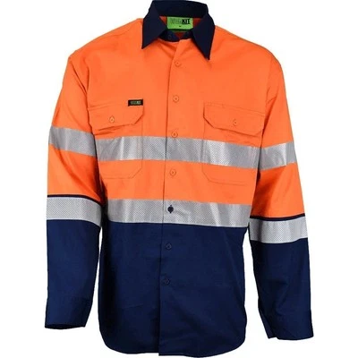 Hi Vis Tape Lightweight Long Sleeve BIOMOTION Orange & Navy Cotton Shirt - M