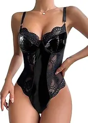 Lilosy Sexy Leather Underwire Push Up Floral Lace Sheer Corset Lingerie Women Teddy Bodysuit Bustier Top One Piece