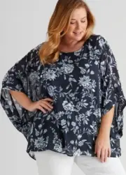 Autograph Top PLUS Size 22 Draped Overlay Batwing Elbow Sleeve Navy Floral RP$90