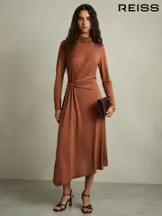 Reiss Camel Casey Petite Draped Jersey Midi Dress (AW6594) | $325