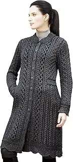 [Aran Crafts] Women's Cable Knit Long Button Cardigan Coat (100% Merino Wool)