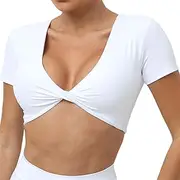 [Ausing] Crop Tops for Women Short Sleeve Seamless Shirts V Neck Twist Front T Shirt Basic Casual Crop Top Slim Fit Workout Tops Y2K Going Out Tees Gym Yoga Tee Shirts with Built in Bra S-L