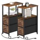 Small Narrow End Table with Charging Station, Set of 2, Side Table with Outle...
