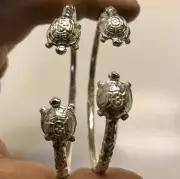 Pair Of Classic Sea Turtle Ends - Handmade West Indian Sterling Silver Bangles