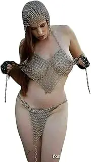 [Generic] hALLOWEEN 3 Piece set Medieval Aluminium Chainmail Bikini/Bra set with Chainmail coif v-design Lingerie Set UNIQUE Product, Silver, Silver, A