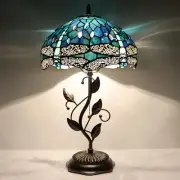Tiffany Table Lamp, Stained Glass Desk Light, W12H19 Inch, Metal Leaf Base (D...