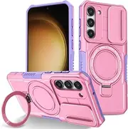 Case for Samsung Galaxy S22 Plus, Premium Slim Shockproof Cover with 360° Rotatable Invisible Magnetic Kickstand and Slide Camera Lens Cover Case for Samsung Galaxy S22 Plus-Pink