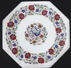 White Marble Patio End Table Pietra Dura Art Coffee Table Top for Cafeteria