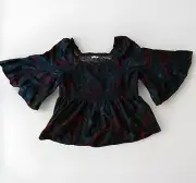 Terra & Sky Blouse Blue Bell Sleeve Womens Plus Size 3X Stretch Square Neck Top