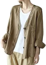 [Kinghua] Linen Blazer Women 2024 Long Sleeve Casual Summer Blazer Lightweight Button Down Spring Jackets with Pocket