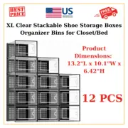 12 Pack XL Clear Stackable Shoe Storage Boxes Organizer Bins for Closet/Bed
