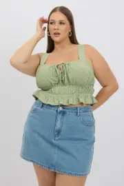 Green Tie Front Crop Top Sleeveless Ruched