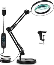Magnifying Glass with Light and Stand, 8X Real Glass Desk Lamp Clamp, 3 Color Modes Dimmable, LED Lighted Magnifier for Reading Crafts Repair Sewing Close Works