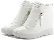 [CcacHe] Women 2.75in Hidden Heel Trainers Ladies Arch Support Wedge Casual Sports Shoes Comfort Zipper Height Increasing Athletic Platform High Top Sneakers for Outdoor (Color : White, Size : 7.5 US)