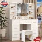 Dressing Table Set with LED Lights Mirror 7 Drawers Vanity Makeup Desk + Stool