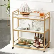 Gold Bar Cart with 3 Shelves, Wine Glass Bottle Storage Bar Serving Cart with Wheels for Kitchen Living Room (31.5”W, White)