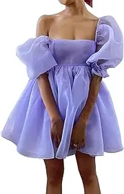 [Pejihota] Womens Off-Shoulder Ruffled Fluffy Short-Sleeved Mesh Party Mini Princess Dress