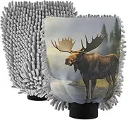 XYMZR Vintage Forest Moose Absorbent Microfiber Car Wash Mitt, Funny Cute Anime Scratch Free for Cars Cleaning, Home Cleaning Mitts, 2 Pack, 10.24” L x 7.09” W