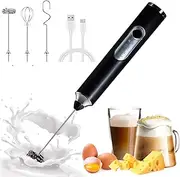 Milk Frother Handheld with 3 Heads, Electric Whisk Drink Foam Mixer with USB Rechargeable 3 Speeds Mini Frother - Black