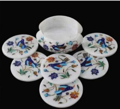 marble Tea coaster set Semi Precious Stones Lapis floral Inlay Work
